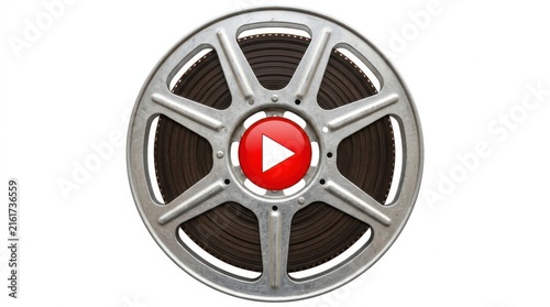 Vintage Film Reel Spool with Red Media Play Button Icon 3D Concept