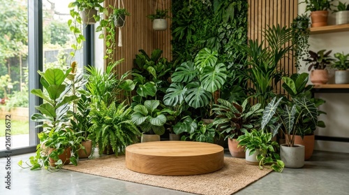 Wooden Cylindrical Podium Platform Surrounded by Lush Houseplants