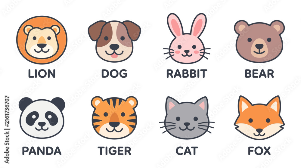 Obraz premium Set of cute animal head icons including lion dog rabbit bear panda tiger cat and fox faces for children design