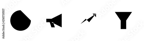 Set of four black graphic icons including a segmented circle megaphone upward arrow and funnel on white