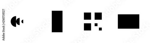Abstract geometric shapes in a sequence with varied sizes against a white background