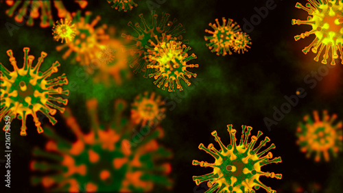 Cuadro en lienzo Glowing viral cells and microorganisms against a dark background