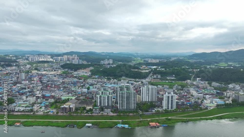 Aerial Drone View of Han River Waterfront and Cityscape in Yeoju, Gyeonggi-do, South Korea