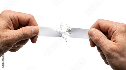 Two hands pulling and tearing a strip of white paper isolated on transparent background