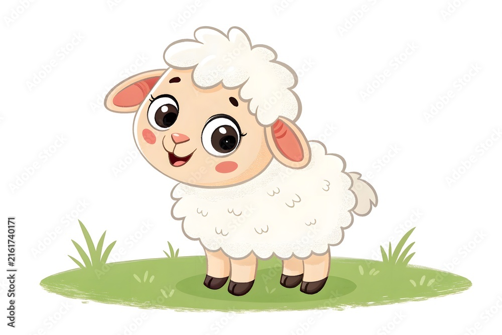 Obraz premium Cute cartoon lamb standing on green grass