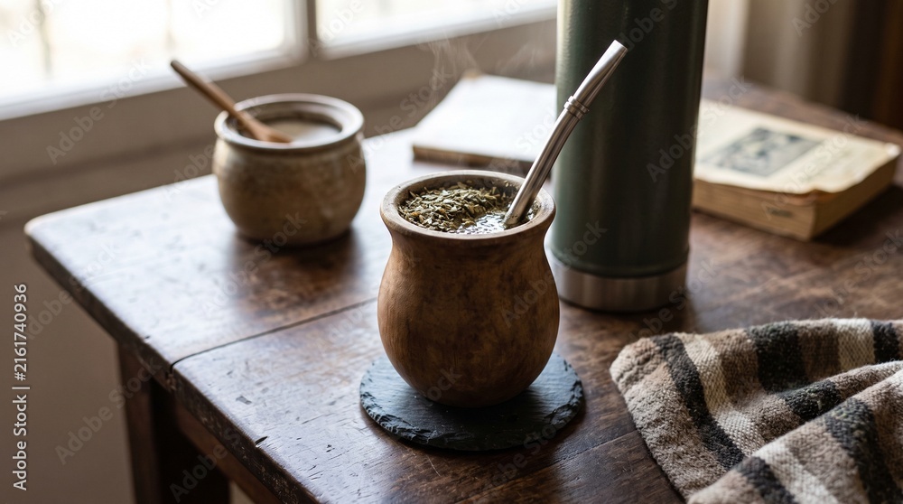 Fototapeta premium Hot yerba mate drink served in traditional calabash gourd