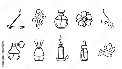 Incense Stick Perfume Flower Aroma and Scent Outline Vector Collection