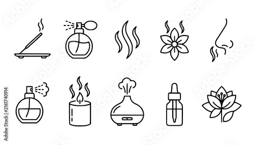 Incense Perfume Aroma Scent and Fragrance Outline Vector Icon Set