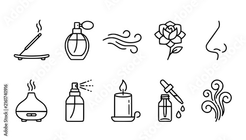 Fragrance Aroma Perfume Incense and Flower Scent Line Icon Collection