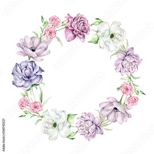 watercolor floral round frame with pink and purple flowers.Template for invitation, gritting card