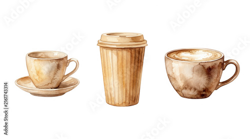 Beautiful watercolor illustrations of coffee mugs and takeout cups on a clear background