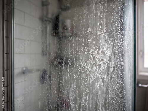 Heavy soap scum and hard water stains on glass shower door