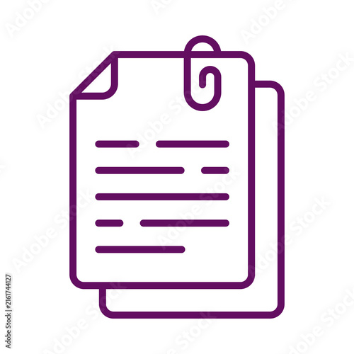 Purple outline vector icon of two paper documents with an attached paperclip symbol for business management transparent background