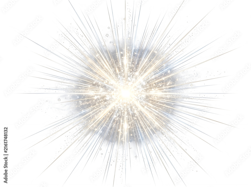 Fototapeta premium Abstract starburst explosion with golden light rays and sparkling particles isolated on a white background design element 