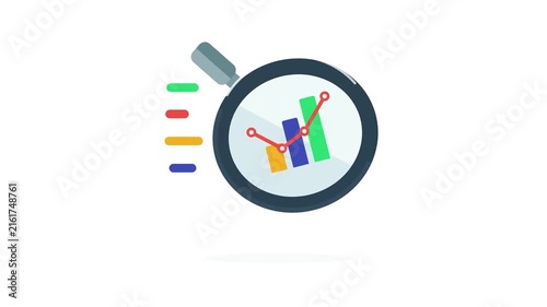 Magnifying glass analyzing business bar chart with growing financial trends