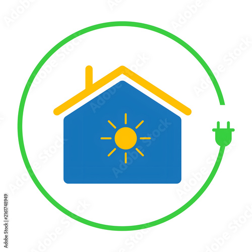Solar Powered Smart Home Energy Icon with Green Eco Electricity Symbo