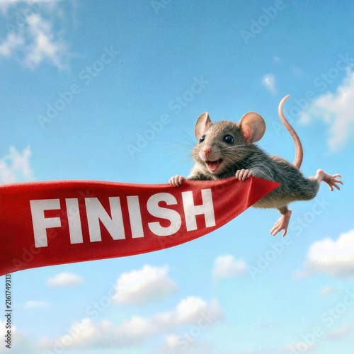 A small mouse is airborne as it clings to a red finish line banner under a bright sky dotted with fluffy clouds, creating a whimsical atmosphere