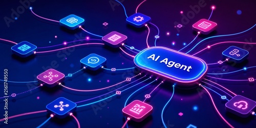 Futuristic AI Agent Hub Connecting Glowing Digital Nodes and Smart Applications Through Vibrant Neon Paths, Visualizing Intelligent Automation and Orchestration Network