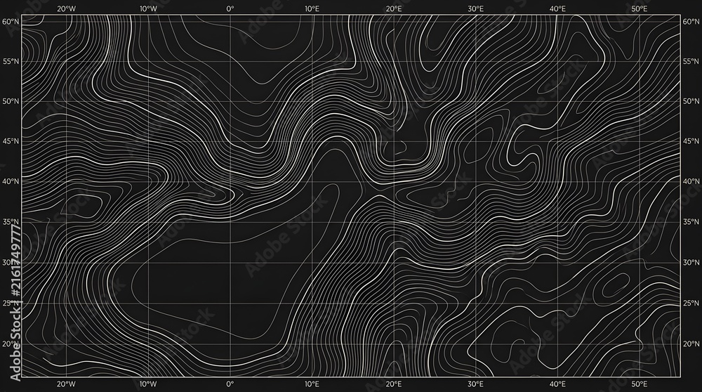 Obraz premium Detailed topographic map with white contour lines on a dark background showing geographic elevation data for navigation and scientific research in a clean minimalist vector style
