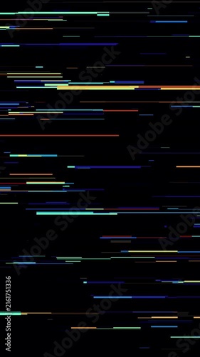 Looping animation of digital glitch distortion with colorful horizontal scanlines on black background, futuristic noise overlay, vertical seamless loop