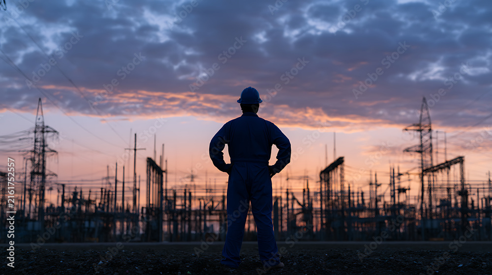 Fototapeta premium Silhouette of Power Engineer in Hard Hat and Uniform Oversee Electricity Substation at Scenic Sunset