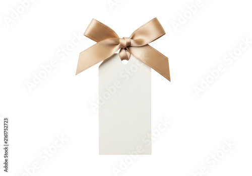 Blank paper gift tag with a decorative silk ribbon bow isolated on transparent background