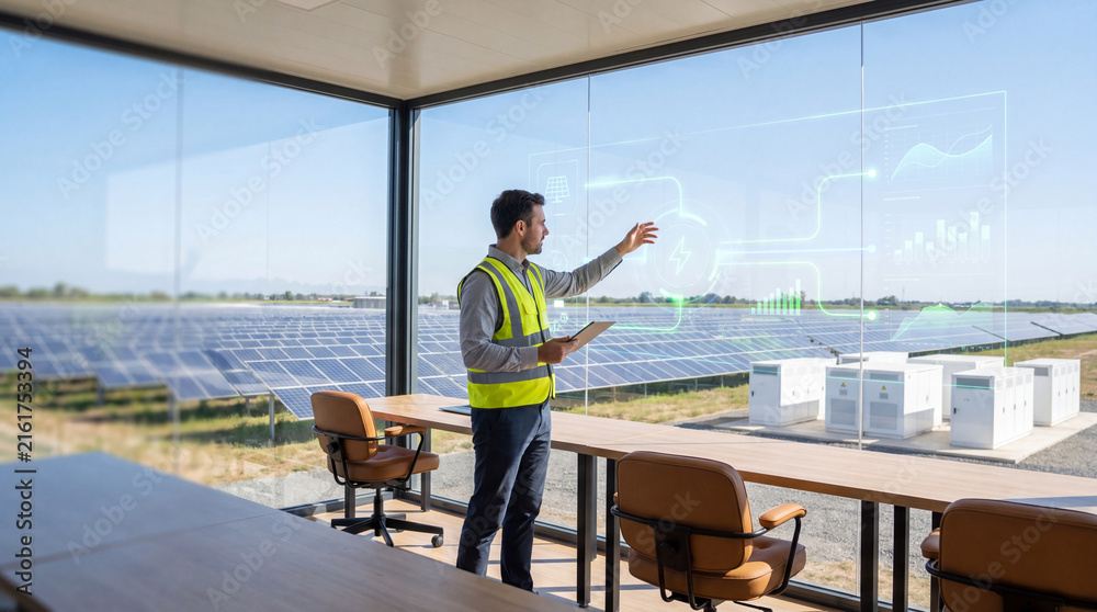 Fototapeta premium Professional engineer monitoring renewable energy, feeling focused and confident, works in modern office with solar field views