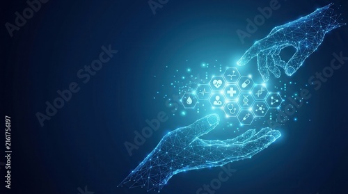 Interconnected digital health icons held between glowing wireframe hands during a technological network