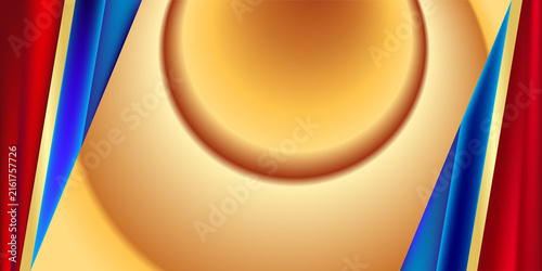 Foto Golden circular spotlight background with draped blue curtains and red side panels for gala award ceremony displays