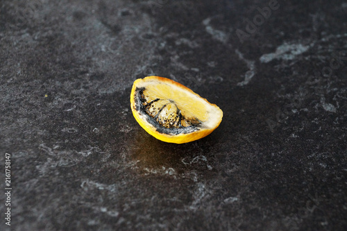 Canvas Print rotten lemon half with mold and damaged pulp on dark surface