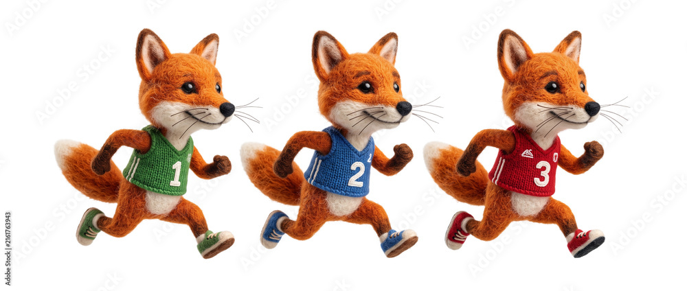 Obraz premium Cute felted fox running race in sports jerseys, needle felt wool animal athletes competing together, energetic fitness mascot character set isolated on black background for athletic concepts.