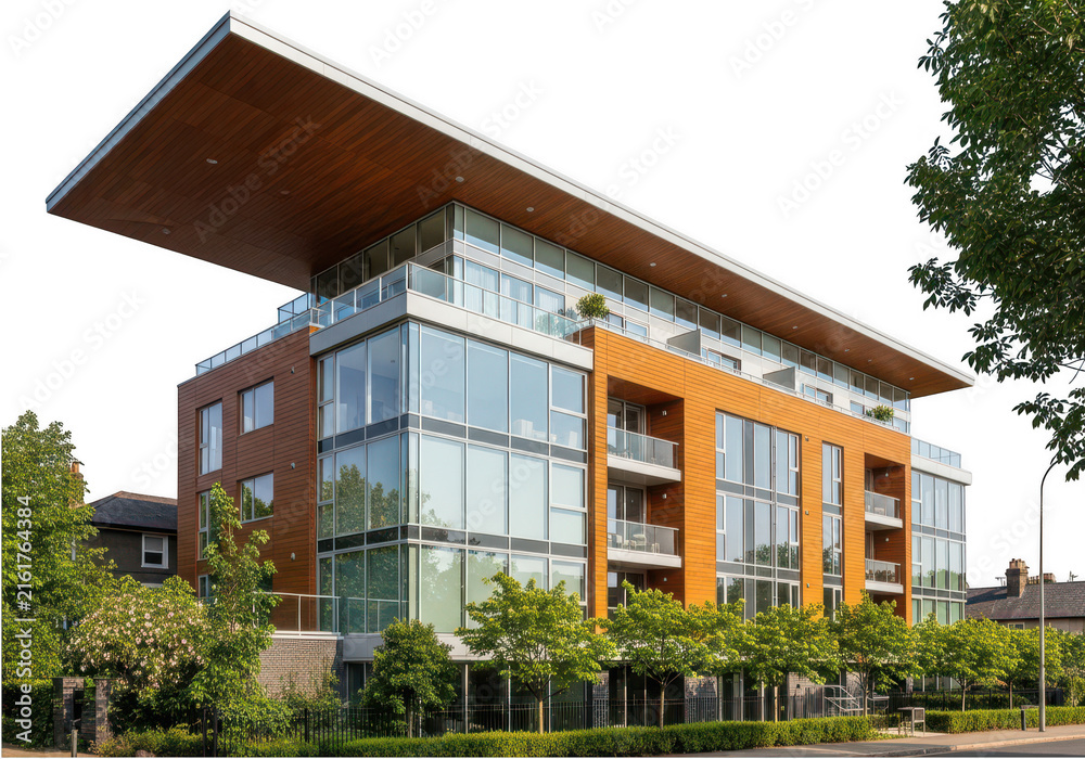 Fototapeta premium Modern apartment building with wood and glass exterior isolated on transparent background