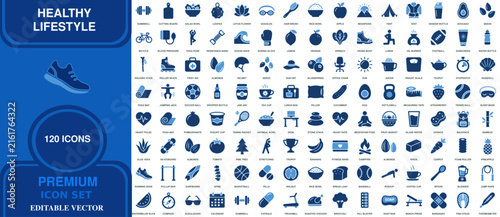 Healthy lifestyle premium icon set vector illustration featuring 120 editable blue symbols of fitness nutrition wellness and sports activities lifestyle nutrition exercise training wellness