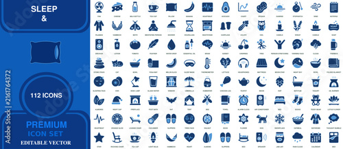 Sleep and bedtime premium icon set vector illustration featuring 120 editable blue symbols of night rest relaxation and dreams relaxation sleeping collection editable interface peaceful