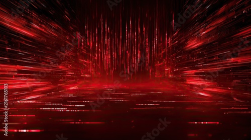 Red digital stream of light particles moving towards viewer