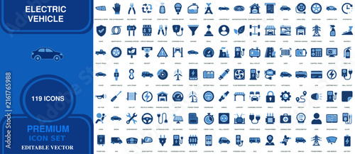 Electric vehicle 119 icons premium icon set editable vector featuring ev charging stations automotive technology sustainable transport battery powered cars and infrastructure symbols, electric