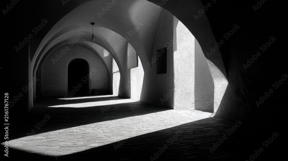 Fototapeta premium Minimalist photo of narrow arches in an old courtyard featuring layered lines of light and shadow, highlighting architectural details and textures in monochrome