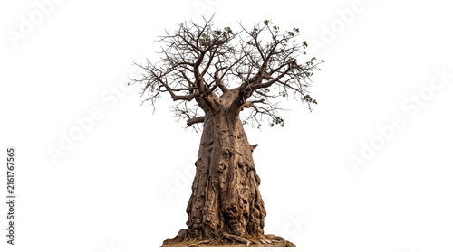 Majestic baobab tree isolated on white background, ancient African adansonia with thick trunk, leafless desert tree silhouette
