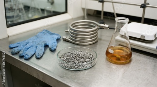 Heterogeneous catalysis concept with nickel catalyst granules, reactor tube, amber liquid flask, and blue nitrile gloves on a steel bench.
