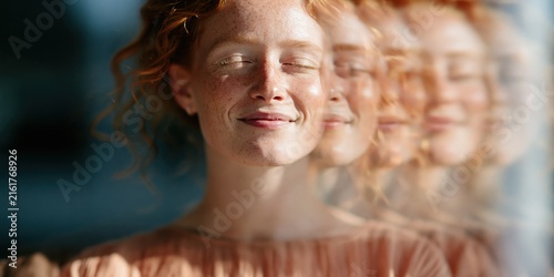 Closeup smiling redhead woman with soft multiple exposure effect for background portrait banner design