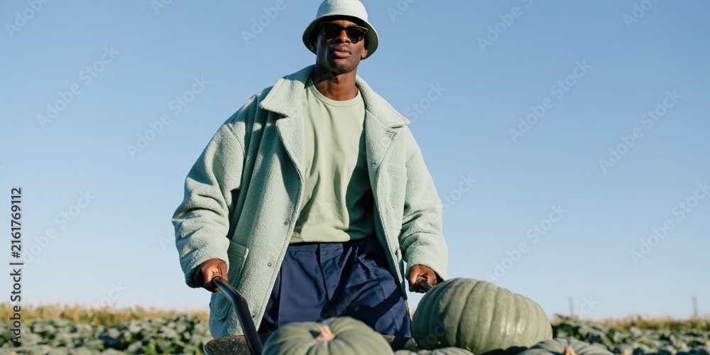 Naklejka premium Stylish man pushing a cart with a large green pumpkin outdoors for autumn harvest banner and seasonal background design