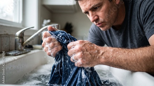 A man carefully washes a dark blue garment by hand in a sink filled with soapy water, focusing intently on the task.