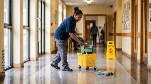 A woman wearing a dark blue shirt and gray pants is mopping a hallway. The woman is of African descent and is smiling. She is pushing a yellow mop bucket with a green mop.