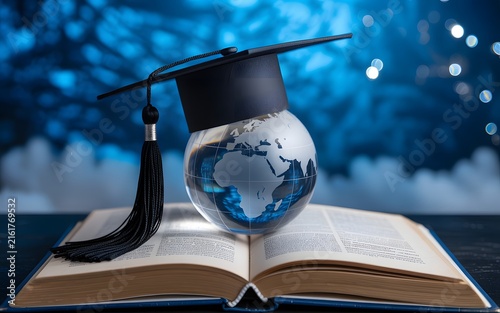 Graduation cap and crystal globe resting on open book representing education