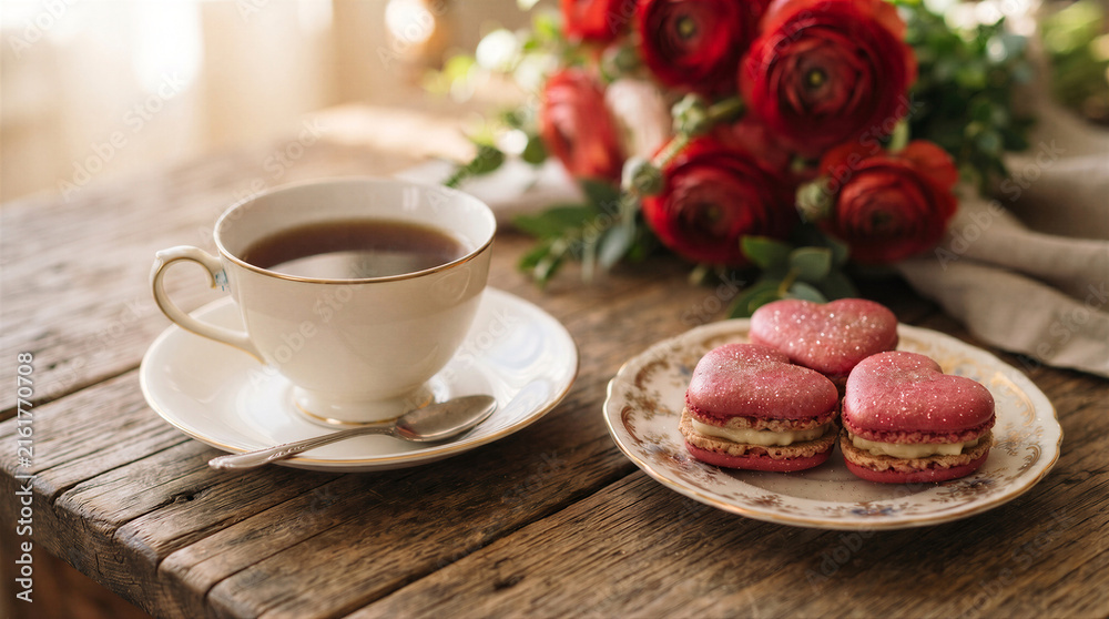 Fototapeta premium Heartshaped pink macarons on a vintage plate with a cup of tea and a bouquet of red ranunculus flowers on a rustic wooden table