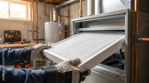 Hvac technician replacing a dirty air filter in a residential furnace system in a basement utility room