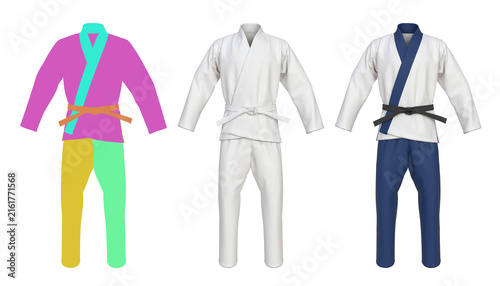 Front view of a martial arts gi used in Brazilian or Japanese jiu jitsu, karate, and judo. The uniform consists of a heavy cotton kimono jacket, reinforced trousers, and a rank denoting belt. 