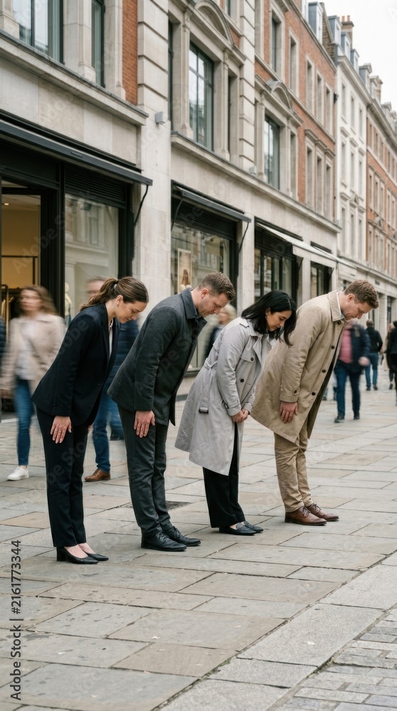Fototapeta premium Group of four professionals in formal attire bowing on city street with pedestrians in background