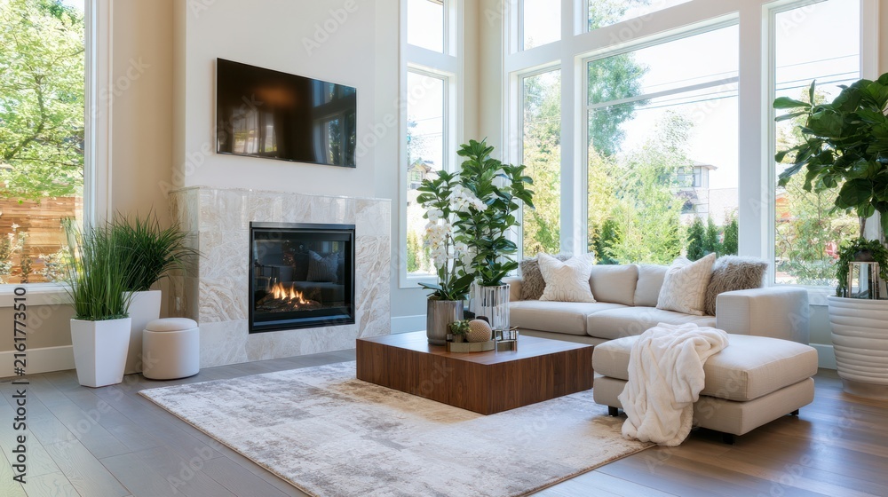 Fototapeta premium Modern living room interior with fireplace, large windows, and cozy furniture