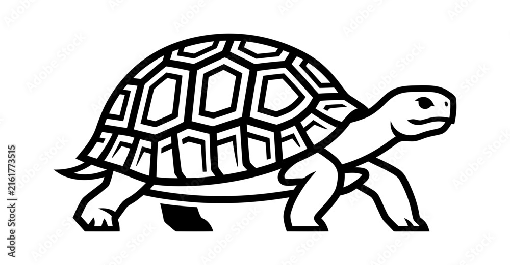Fototapeta premium A simple black and white vector illustration of a walking tortoise isolated on a plain white background